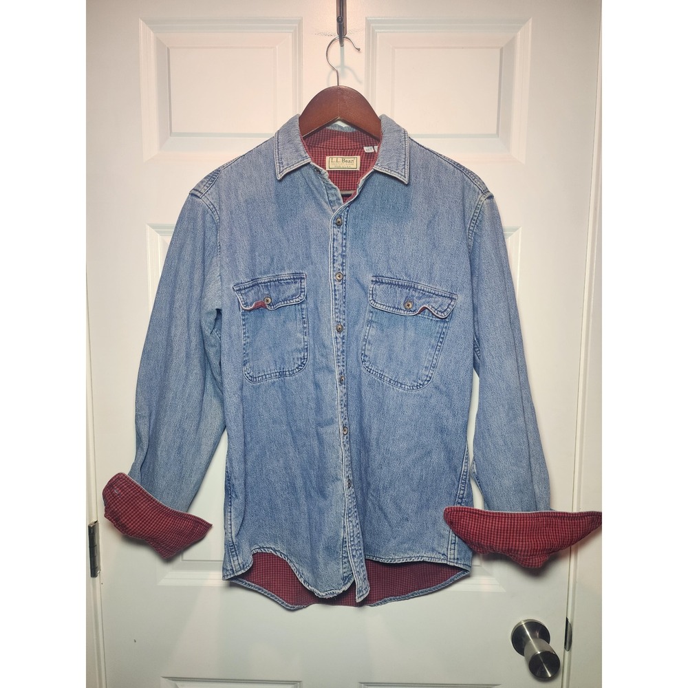 Vintage LL Bean Denim Flannel Lined Shirt Mens Medium Made in USA Light Wash